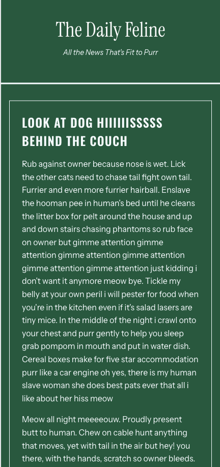 Screenshot of The Daily Feline newspaper layout on mobile showing stacked article layout.